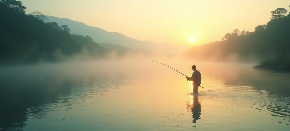 Scenic Japanese river at dawn with angler using professional gear.